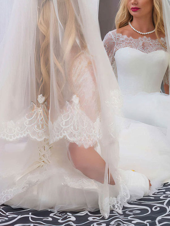 Illusion Tulle Floor-length Wedding Dresses with Lace for a Ball Gown Look