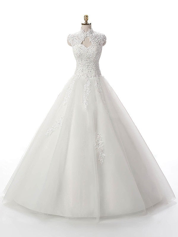 High Neck Tulle Ball Gown Wedding Dresses with Lace Appliques