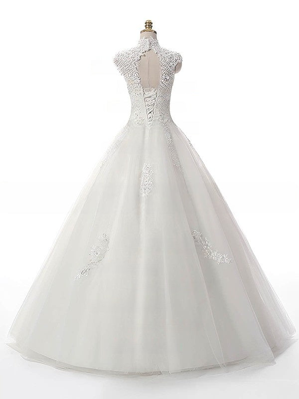 High Neck Tulle Ball Gown Wedding Dresses with Lace Appliques