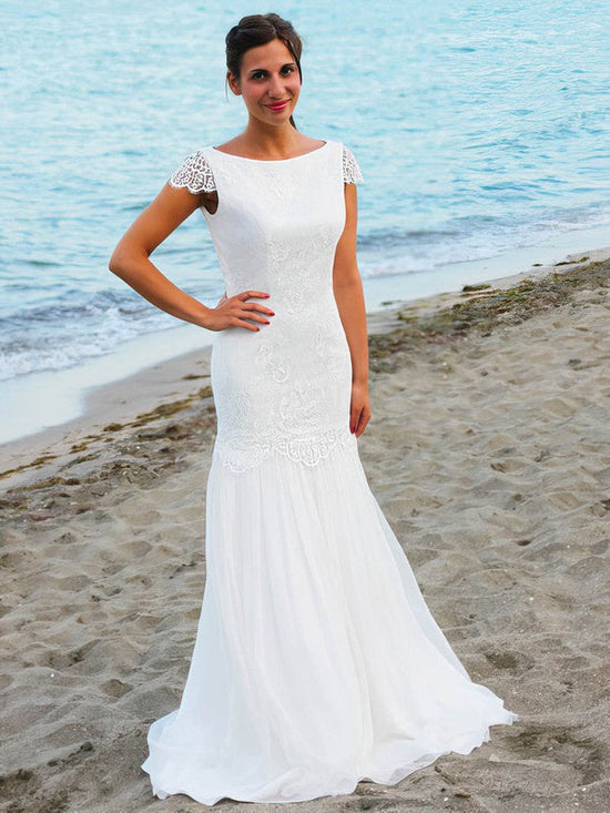 Gorgeous Trumpet/Mermaid Scoop Neck Chiffon Floor-length Wedding Dress with Lace