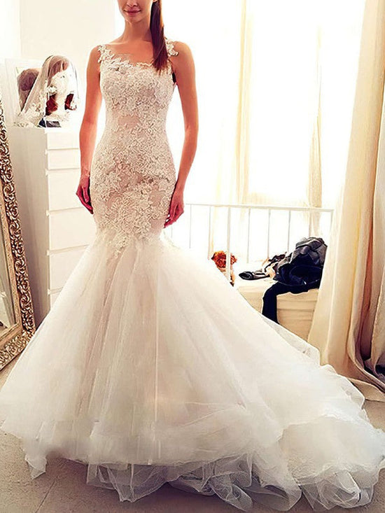 Gorgeous Trumpet/Mermaid Illusion Tulle Chapel Train Wedding Dress with Appliques Lace