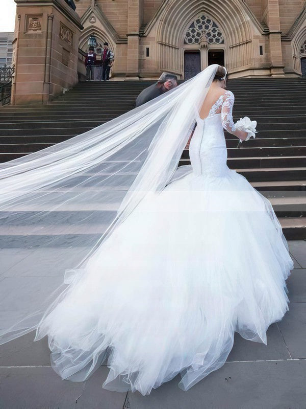 Elegant Trumpet/Mermaid V-neck Tulle Court Train Wedding Dress With Appliques Lace