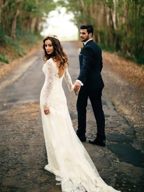 Sheath Column V-neck Lace Wedding Dress with Sweep Train