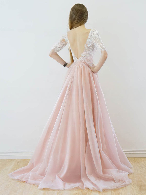 V-neck Lace Tulle Ball Gown Wedding Dress with Sweep Train