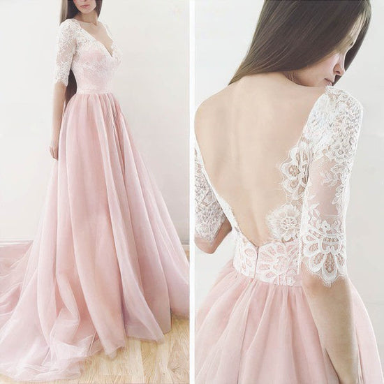 V-neck Lace Tulle Ball Gown Wedding Dress with Sweep Train