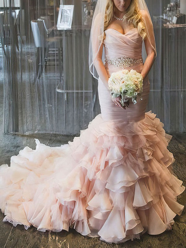 Mermaid Sweetheart Organza Court Train Wedding Dress With Cascading Ruffles