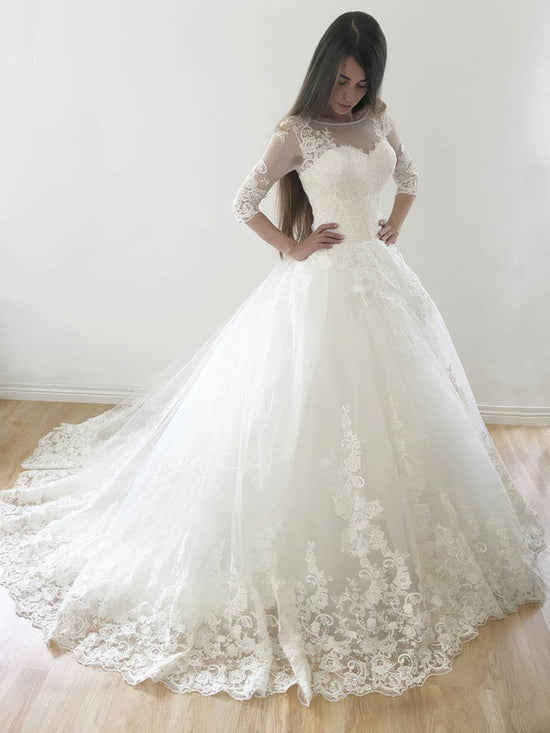 Court Train Illusion Tulle Ball Gown Wedding Dresses With Lace Appliques