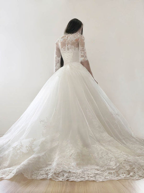 Court Train Illusion Tulle Ball Gown Wedding Dresses With Lace Appliques