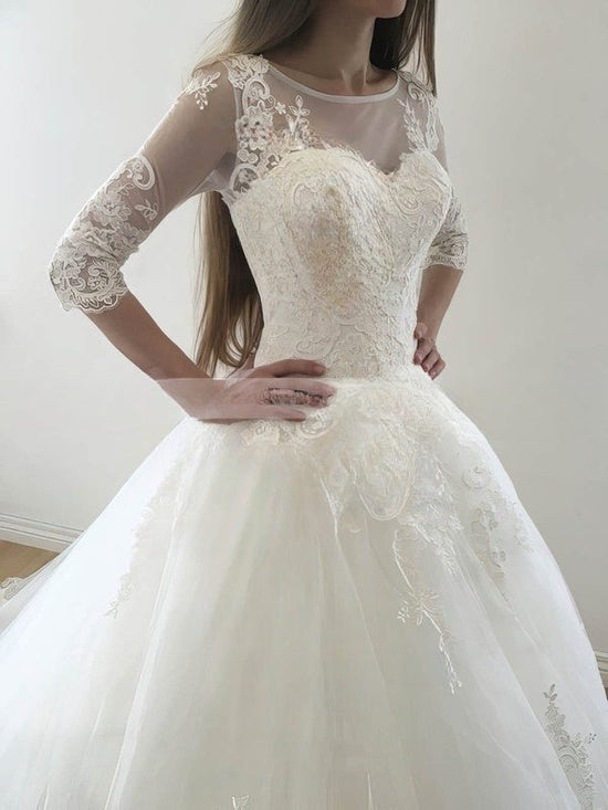 Court Train Illusion Tulle Ball Gown Wedding Dresses With Lace Appliques