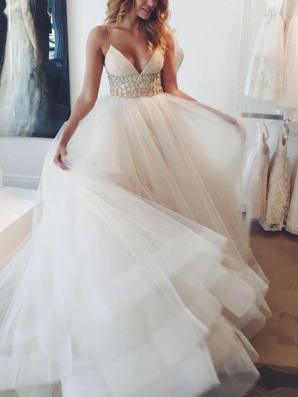 V-neck Tulle Court Train Wedding Dress With Crystal Detailing