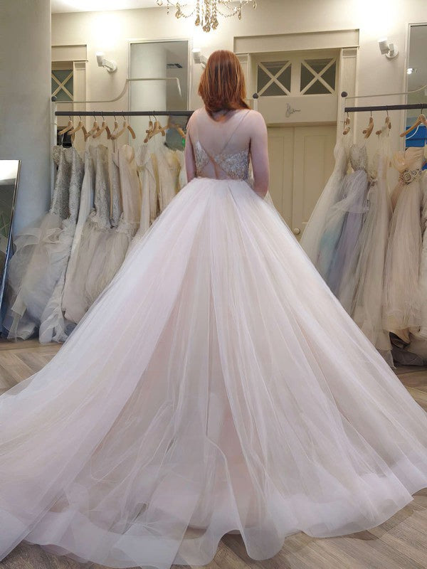 V-neck Tulle Court Train Wedding Dress With Crystal Detailing