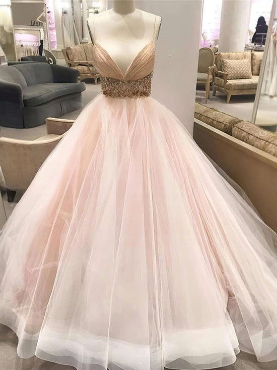 V-neck Tulle Court Train Wedding Dress With Crystal Detailing