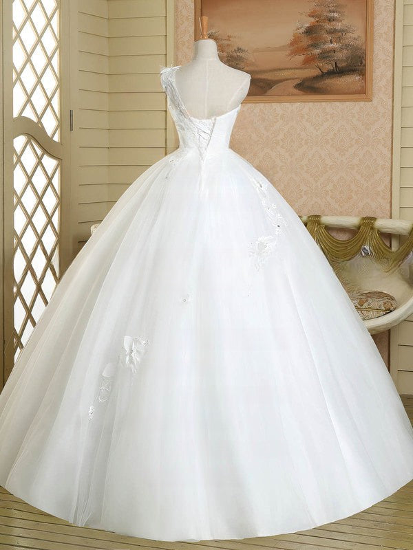 One Shoulder Tulle Floor-length Wedding Dress with Appliques Lace