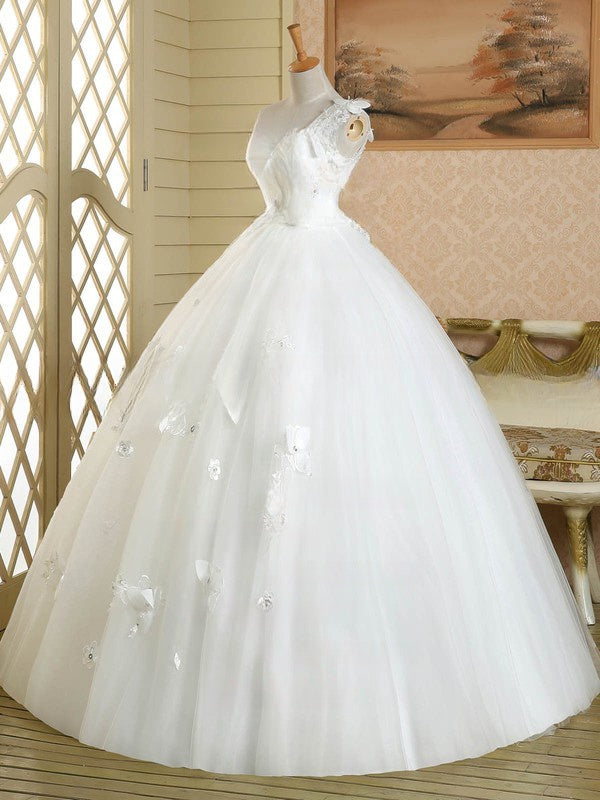 One Shoulder Tulle Floor-length Wedding Dress with Appliques Lace