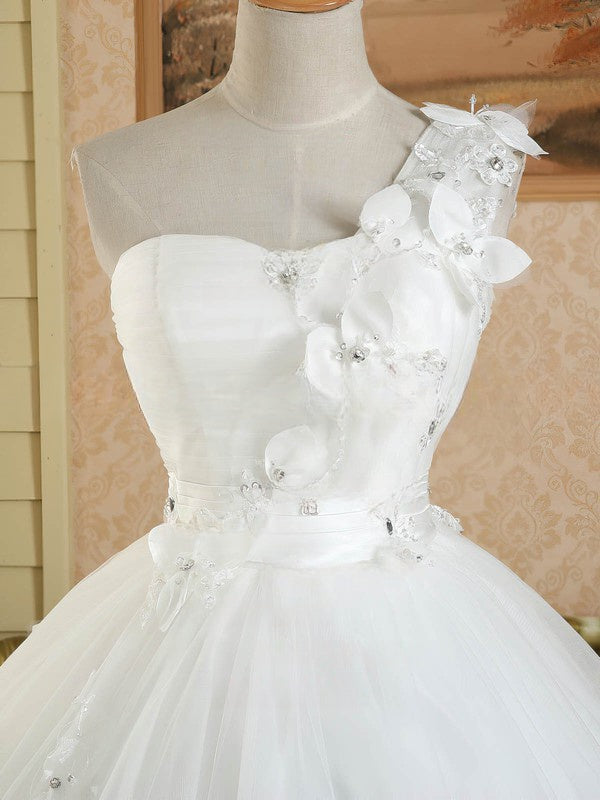 One Shoulder Tulle Floor-length Wedding Dress with Appliques Lace