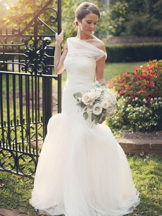 One Shoulder Tulle Sweep Train Wedding Dresses With Ruffles for Trumpet/Mermaid