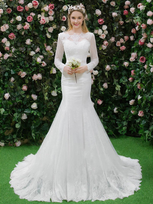 Mermaid Illusion Tulle Sweep Train Wedding Dress With Appliques Lace