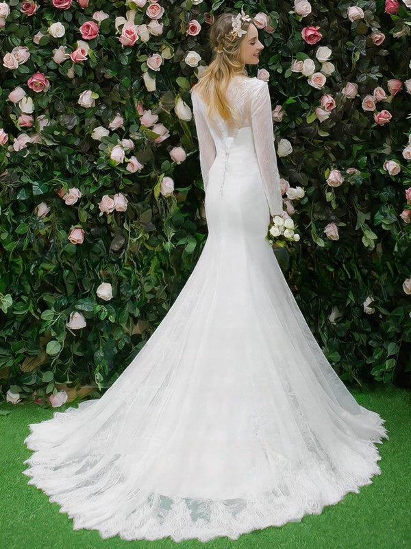 Mermaid Illusion Tulle Sweep Train Wedding Dress With Appliques Lace