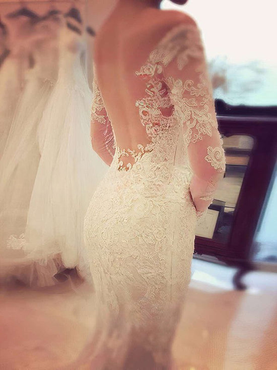 Romantic Trumpet/Mermaid Off-the-shoulder Tulle Court Train Wedding Dress With Appliques Lace