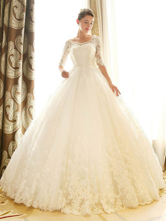 Appliques Lace Ball Gown Illusion Tulle Chapel Train Wedding Dress