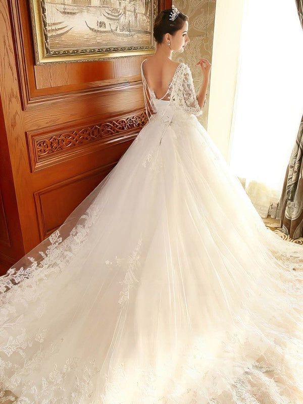 Appliques Lace Ball Gown Illusion Tulle Chapel Train Wedding Dress