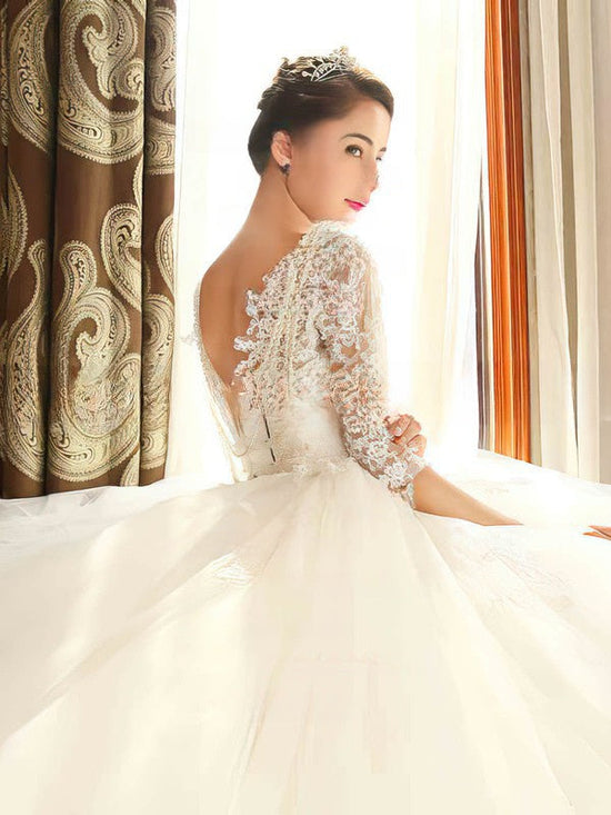 Appliques Lace Ball Gown Illusion Tulle Chapel Train Wedding Dress