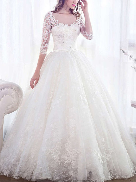 Elegant Ball Gown Illusion Tulle Floor-length Wedding Dresses With Appliques Lace