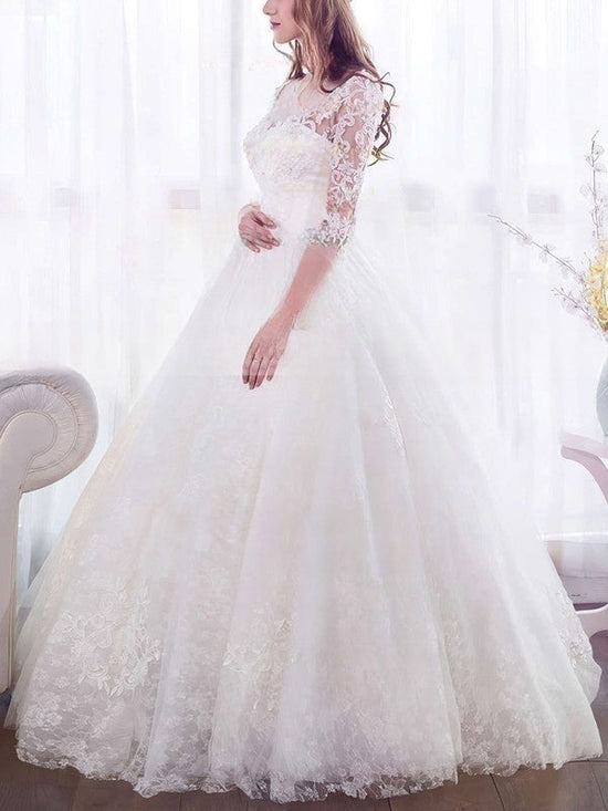 Elegant Ball Gown Illusion Tulle Floor-length Wedding Dresses With Appliques Lace