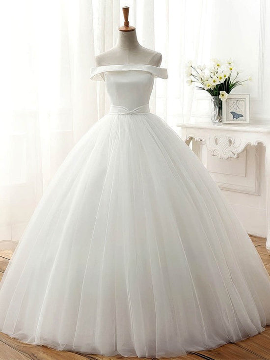 Off-the-shoulder Tulle Ball Gown Wedding Dress With Sashes / Ribbons