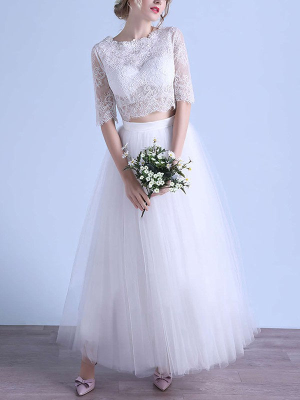 Ankle-length Ball Gown Wedding Dress with Appliques and Lace Illusion Tulle