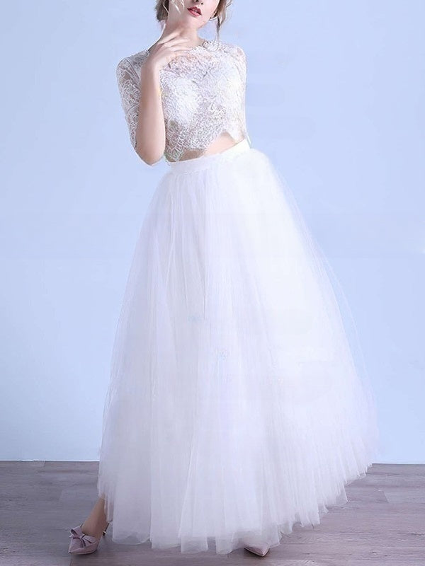 Ankle-length Ball Gown Wedding Dress with Appliques and Lace Illusion Tulle