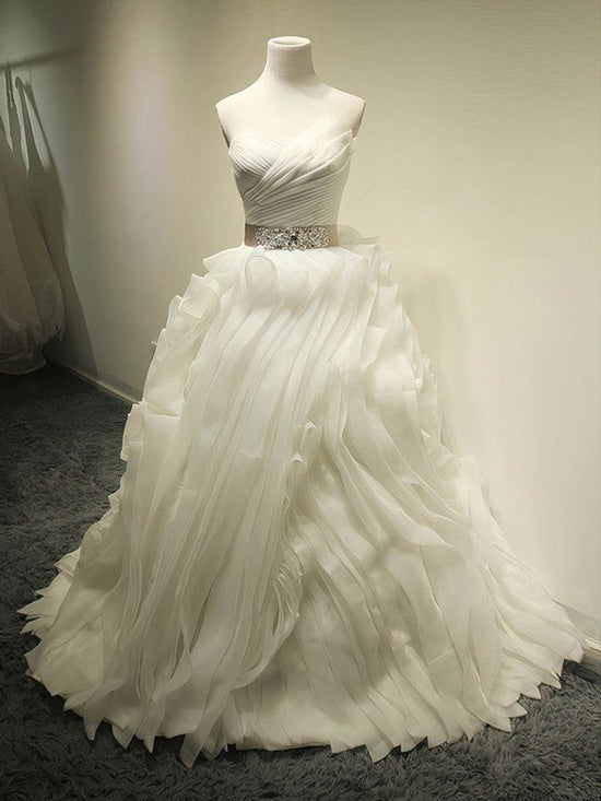 V-neck Organza Court Train Wedding Dress with Cascading Ruffles