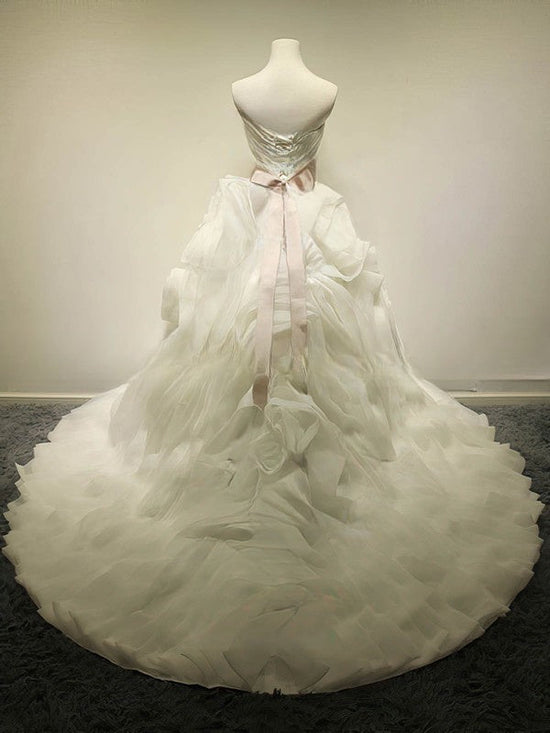 V-neck Organza Court Train Wedding Dress with Cascading Ruffles