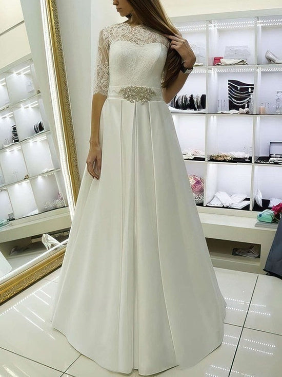 Elegant Satin Lace Floor-length Wedding Dress with Sashes and Ribbons