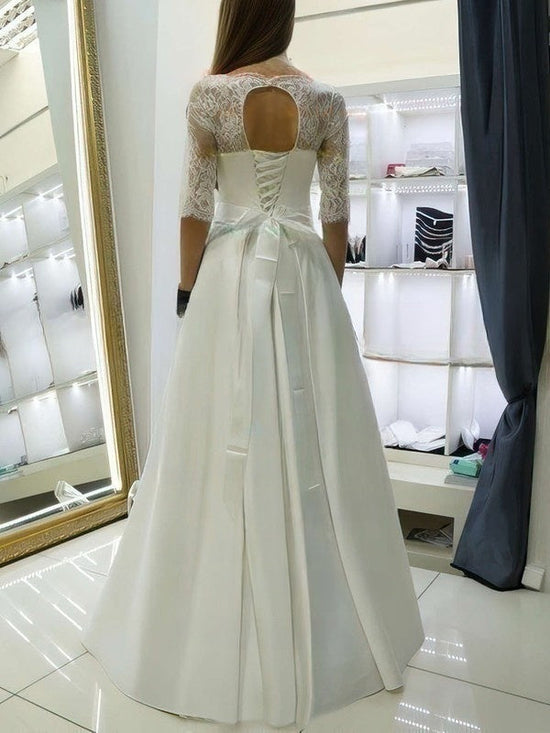 Elegant Satin Lace Floor-length Wedding Dress with Sashes and Ribbons