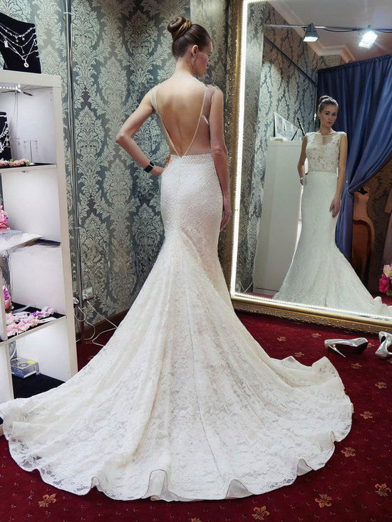 Elegant Trumpet/Mermaid Illusion Lace Court Train Wedding Dress with Beading