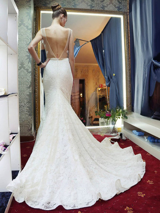 Elegant Trumpet/Mermaid Illusion Lace Court Train Wedding Dress with Beading