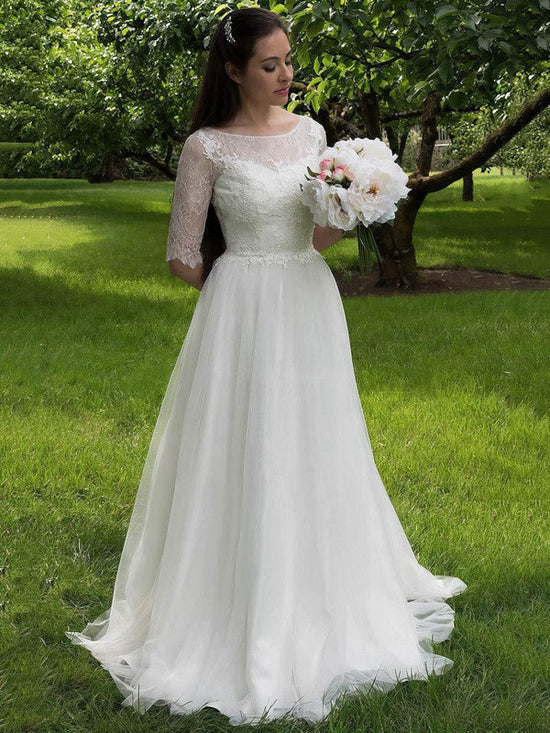 A-line Illusion Lace Tulle Sweep Train Wedding Dress