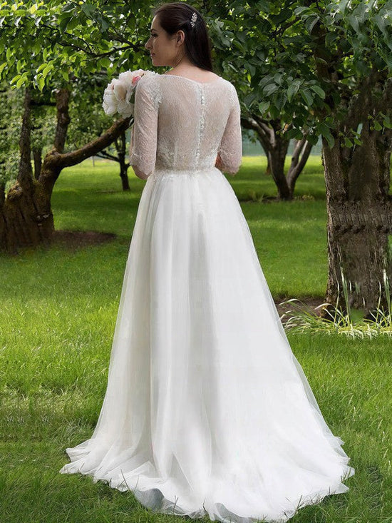 A-line Illusion Lace Tulle Sweep Train Wedding Dress