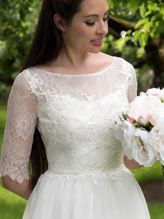 A-line Illusion Lace Tulle Sweep Train Wedding Dress