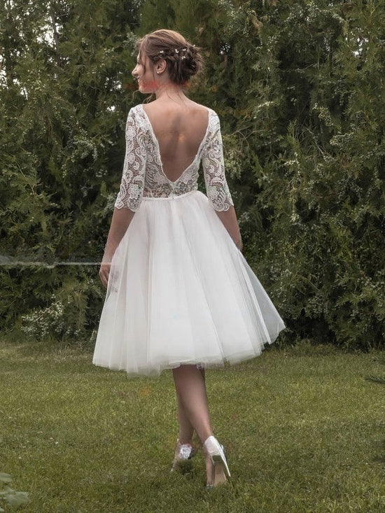 Tulle Tea-length Wedding Dresses With Appliques Lace - Ball Gown Square Neckline