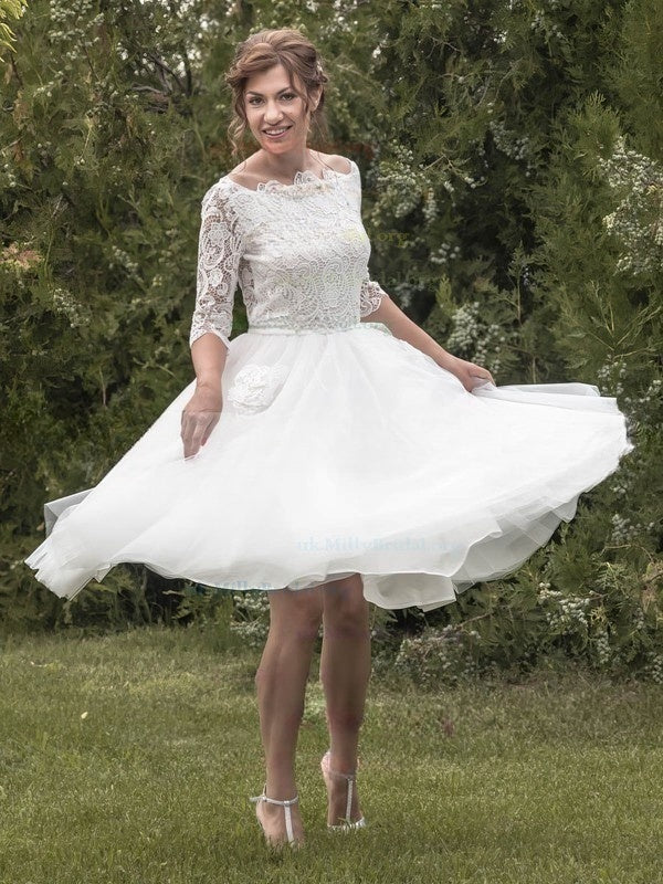 Tulle Tea-length Wedding Dresses With Appliques Lace - Ball Gown Square Neckline