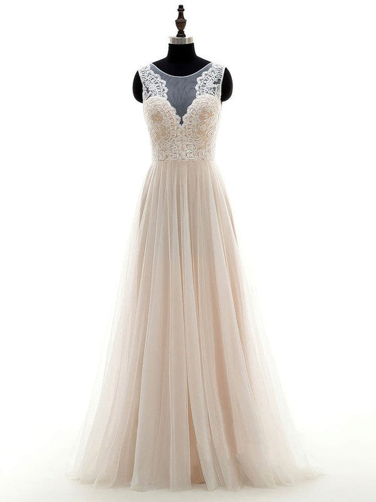 A-line Illusion Tulle Wedding Dress with Appliques Lace