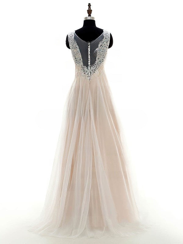 A-line Illusion Tulle Wedding Dress with Appliques Lace