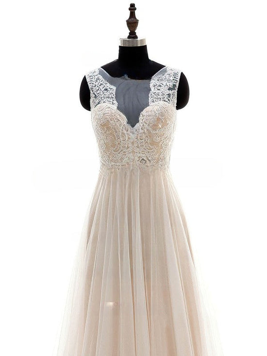 A-line Illusion Tulle Wedding Dress with Appliques Lace