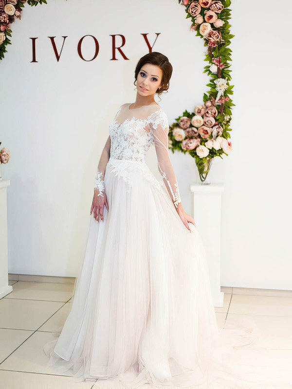 Illusion Tulle Ball Gown Wedding Dress with Appliques Lace and Sweep Train