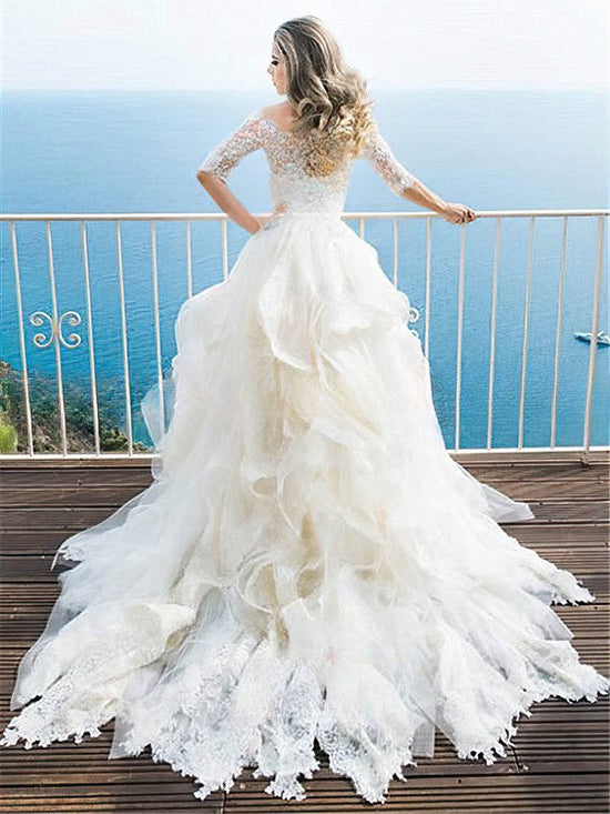 Ball Gown Off-the-shoulder Lace Tulle Court Train Wedding Dress With Cascading Ruffles