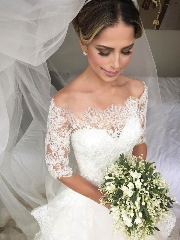 Ball Gown Off-the-shoulder Lace Tulle Court Train Wedding Dress With Cascading Ruffles