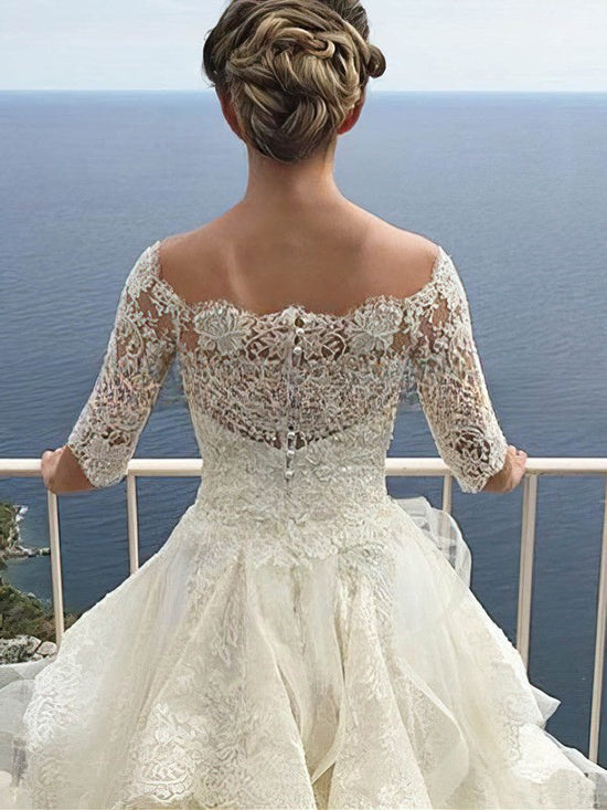 Ball Gown Off-the-shoulder Lace Tulle Court Train Wedding Dress With Cascading Ruffles