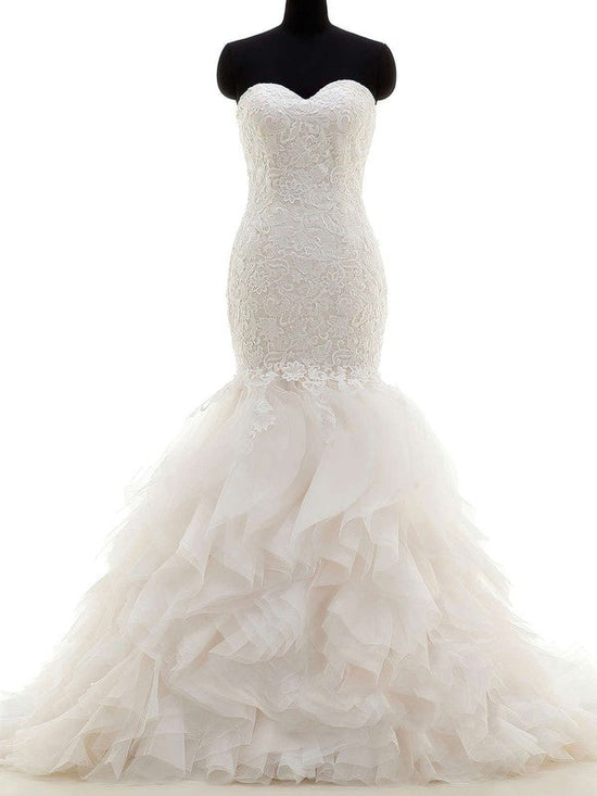 Gorgeous Trumpet/Mermaid Sweetheart Tulle Wedding Dress with Cascading Ruffles and Sweep Train